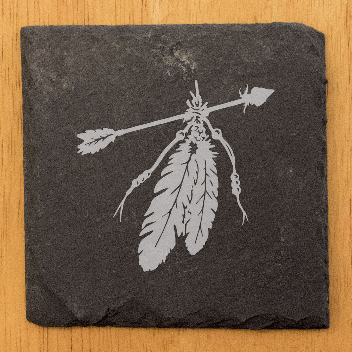 Spirit-Inspired Slate Coasters: Laser-Etched Feathers & Native American Arrow Design - Unique Home Decor and Gift Set