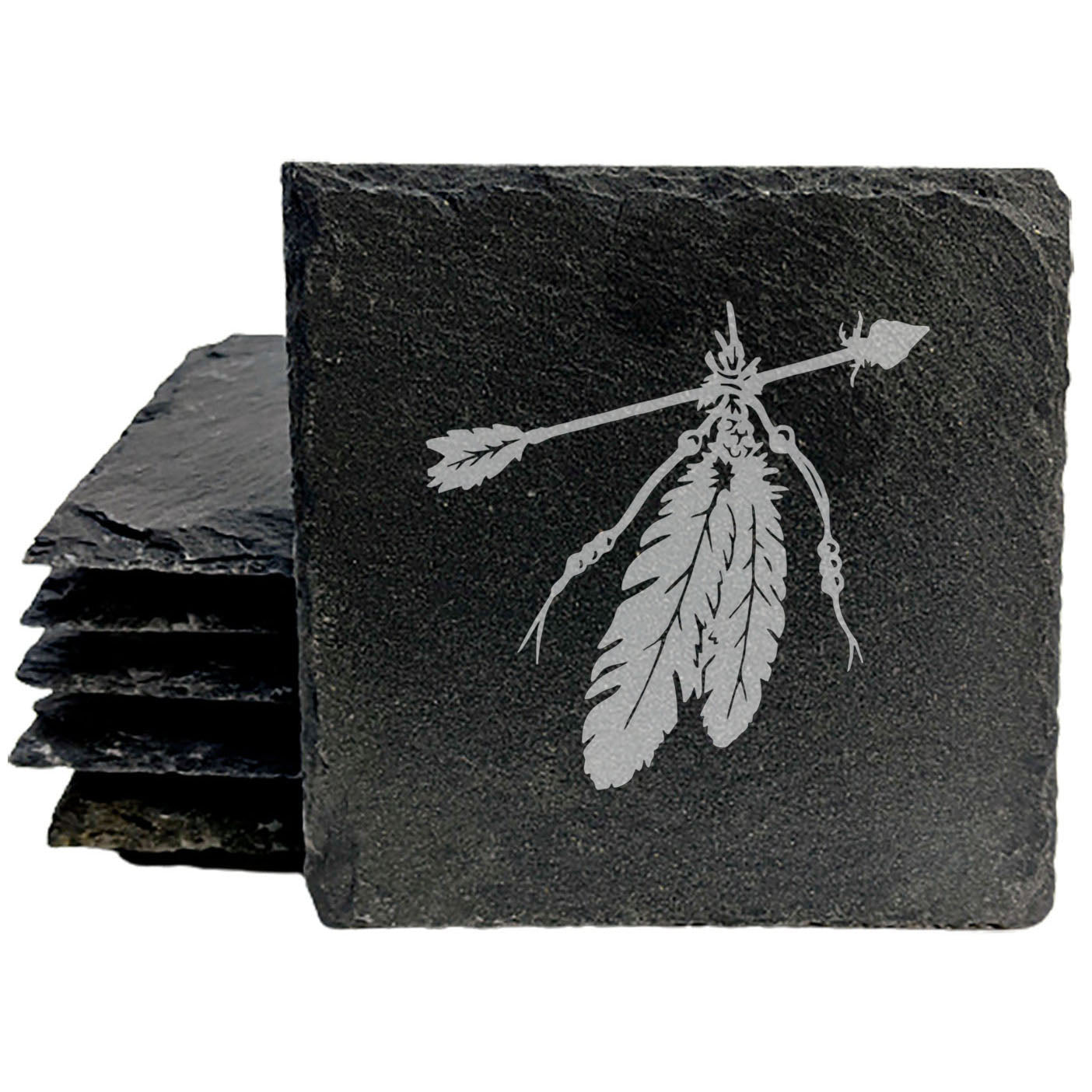 Spirit-Inspired Slate Coasters: Laser-Etched Feathers & Native American Arrow Design - Unique Home Decor and Gift Set