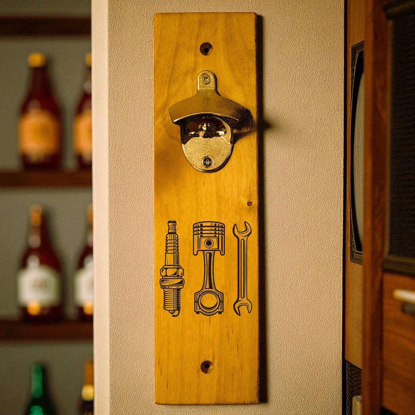 Piston/Plug/Wrench Wall Mount Bottle Opener