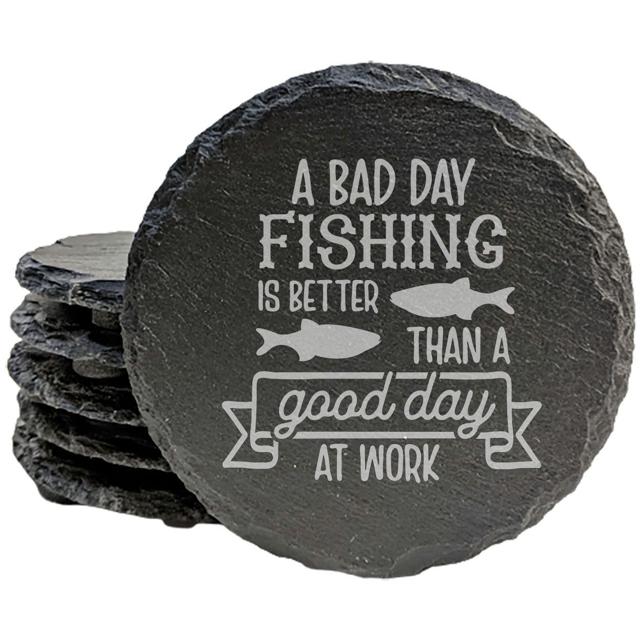 Funny Fishing Vibes Slate Coasters - Laser Etched Design: 'A Bad Day Fishing is Better Than a Good Day at Work' - Unique Home Decor & Gift Idea