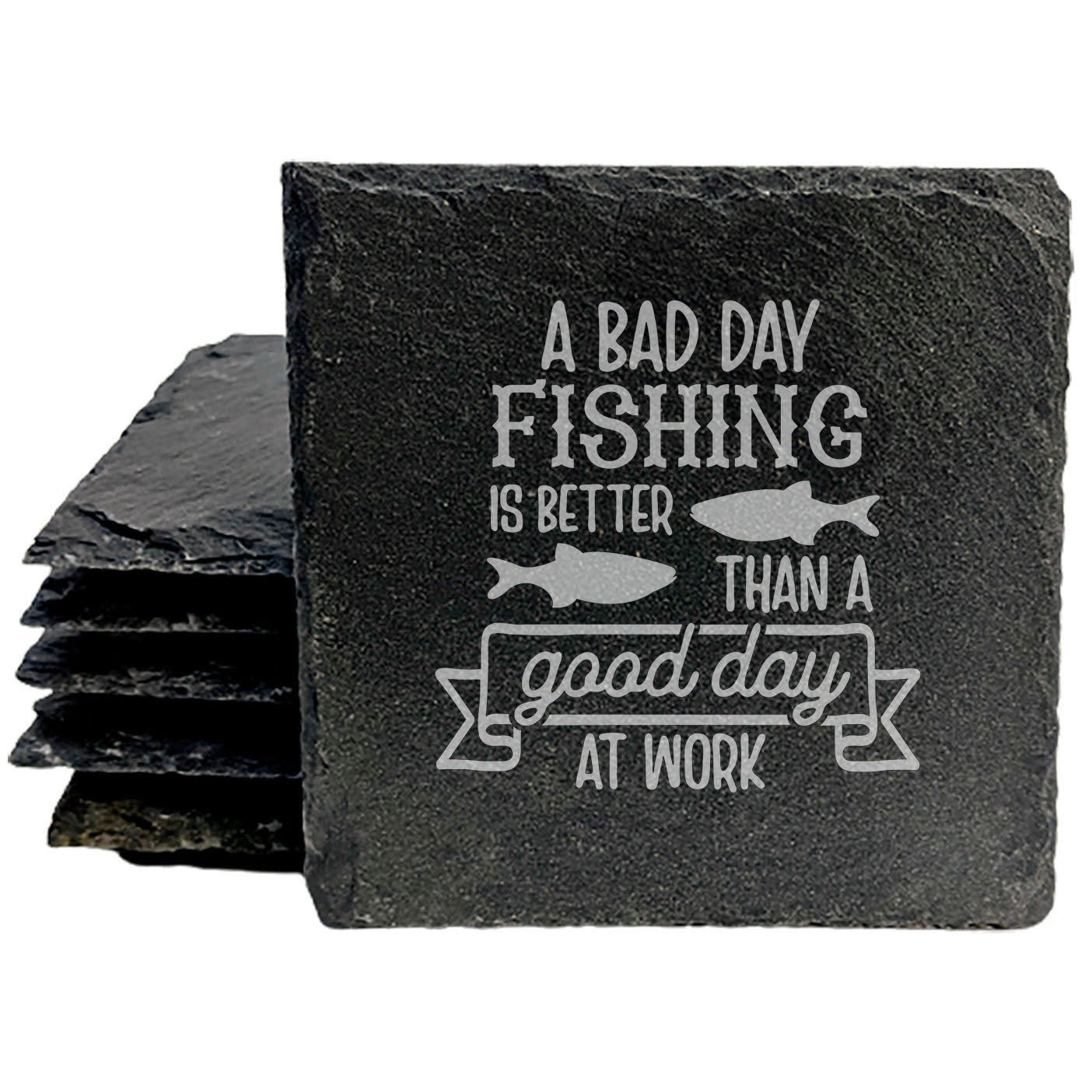 Funny Fishing Vibes Slate Coasters - Laser Etched Design: 'A Bad Day Fishing is Better Than a Good Day at Work' - Unique Home Decor & Gift Idea