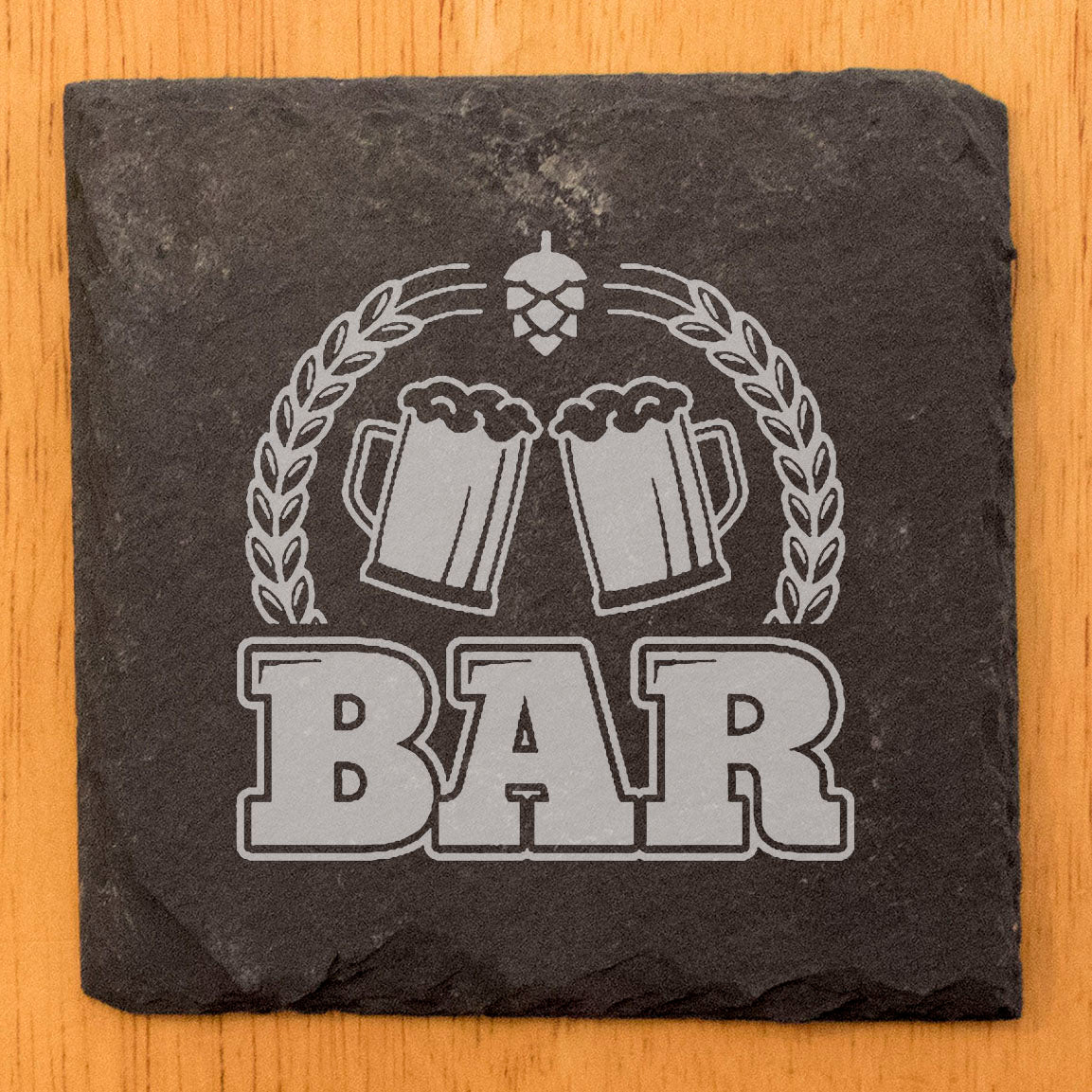 Beer Stein Bliss: BAR Etched Slate Coasters - Rustic Drink Mats with Wheat, Barley Design - Perfect Barware Gift Set