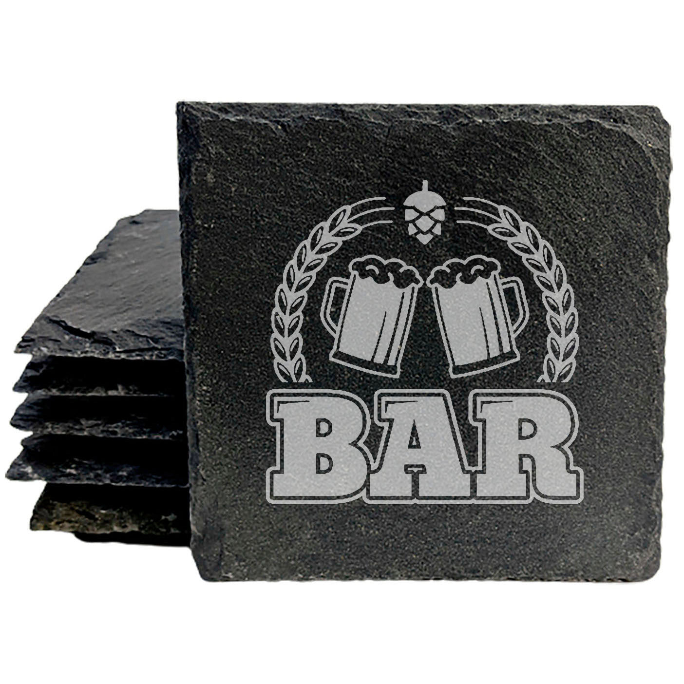 Beer Stein Bliss: BAR Etched Slate Coasters - Rustic Drink Mats with Wheat, Barley Design - Perfect Barware Gift Set