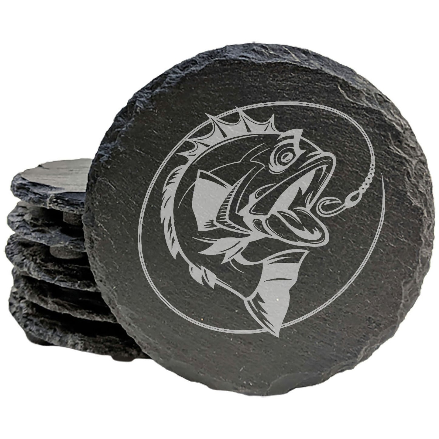 Fierce Bass Bites: Laser-Etched Slate Coasters - Unique Fishing-Themed Drink Mats for Home decor