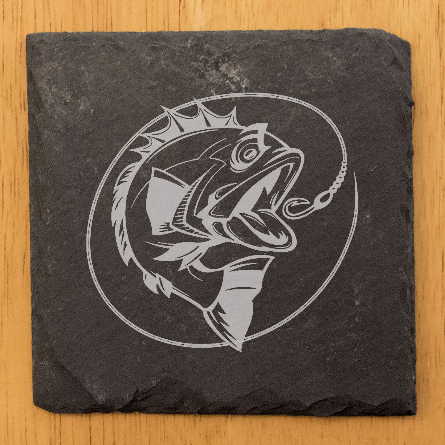 Fierce Bass Bites: Laser-Etched Slate Coasters - Unique Fishing-Themed Drink Mats for Home decor