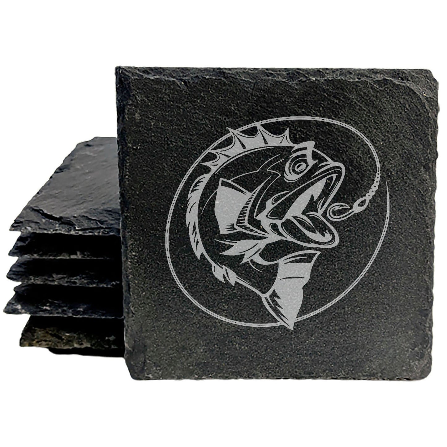 Fierce Bass Bites: Laser-Etched Slate Coasters - Unique Fishing-Themed Drink Mats for Home decor