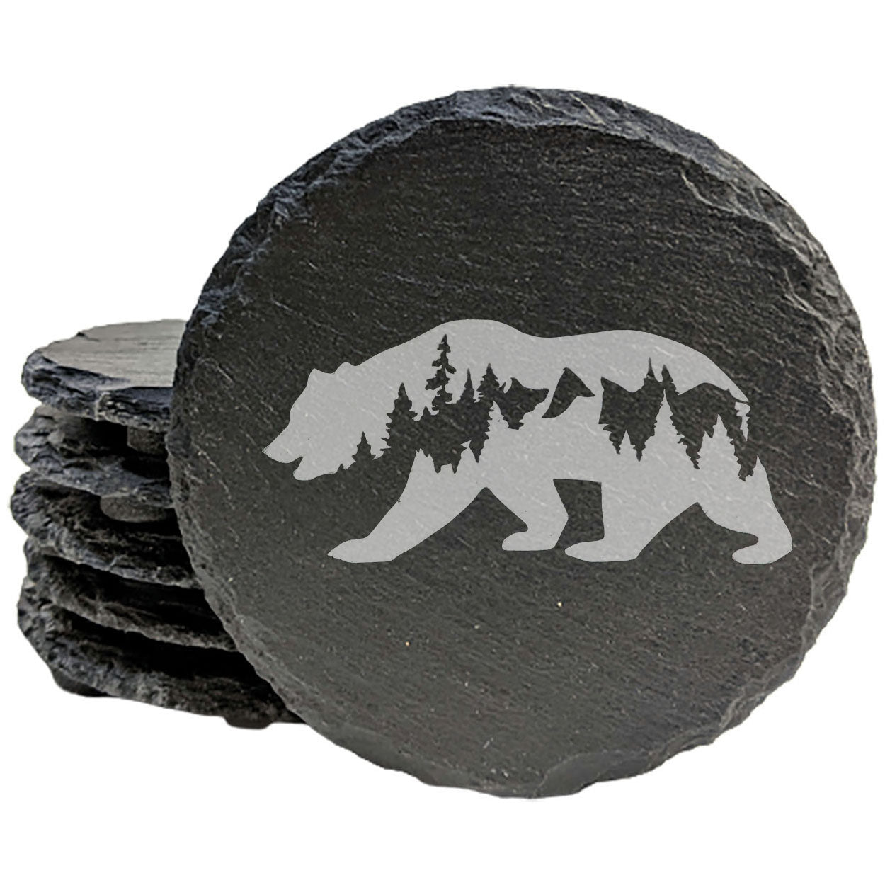 Bear Hug Coasters: Slate Drink Coasters with Laser-Etched Bear, Tree, and Mountain Design - Rustic Home Decor