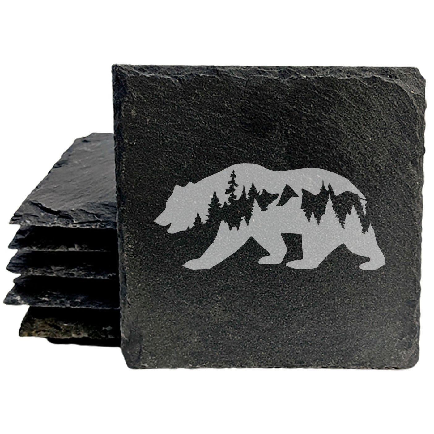 Bear Hug Coasters: Slate Drink Coasters with Laser-Etched Bear, Tree, and Mountain Design - Rustic Home Decor