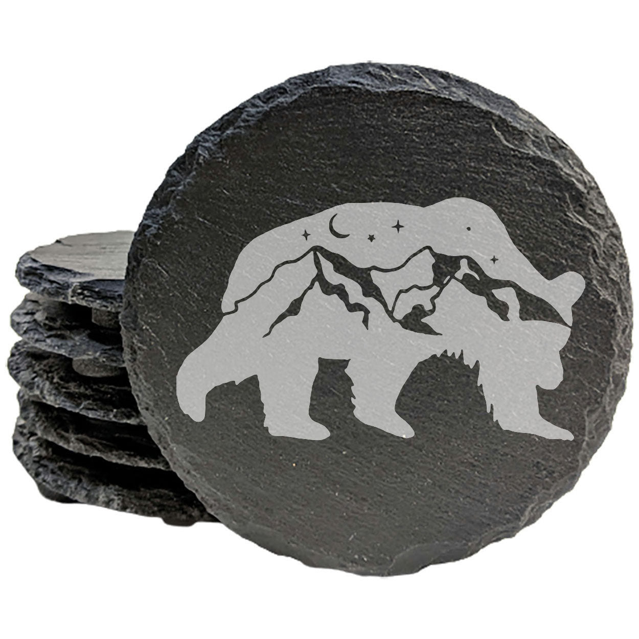 Bear Hug Night: Slate Coasters with Lunar Mountains - Laser Etched Fun & Functional Set