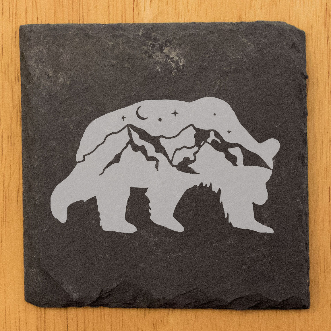 Bear Hug Night: Slate Coasters with Lunar Mountains - Laser Etched Fun & Functional Set