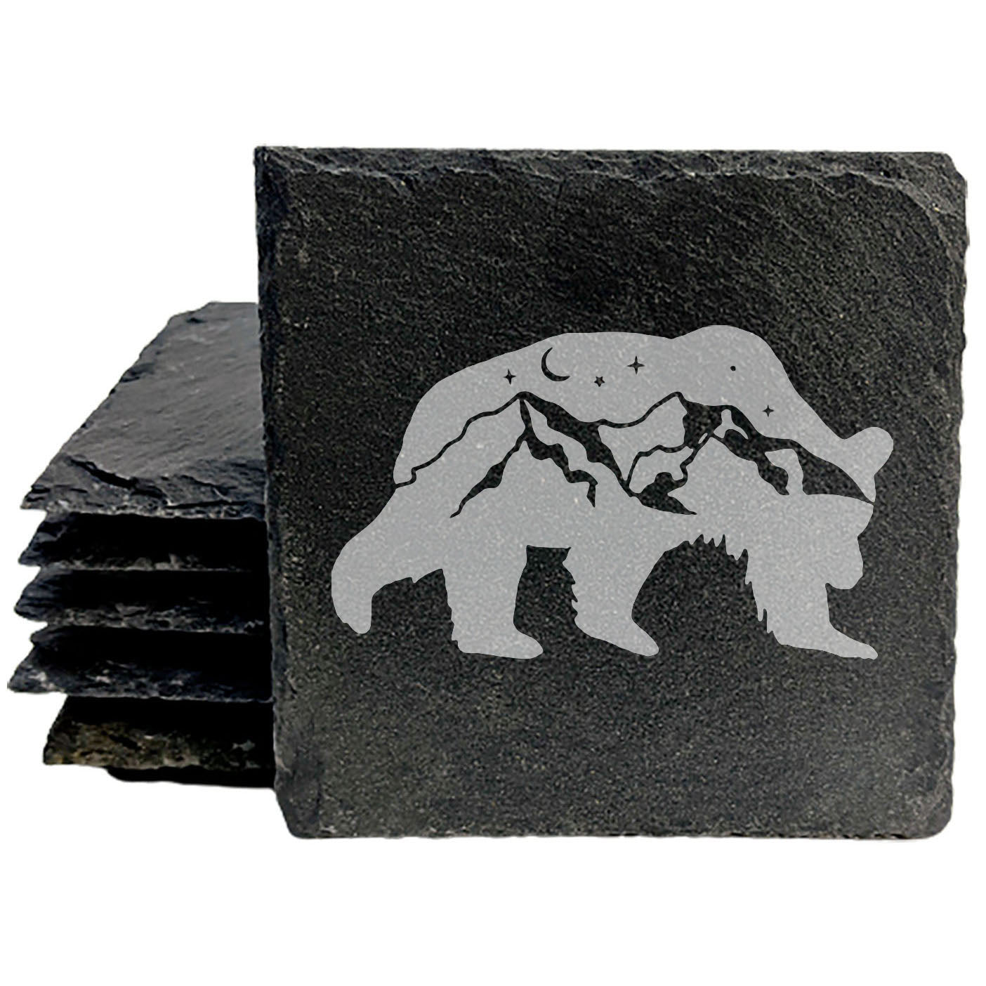 Bear Hug Night: Slate Coasters with Lunar Mountains - Laser Etched Fun & Functional Set