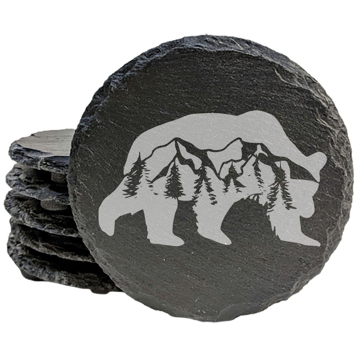 Bear Necessities: Slate Coasters with Majestic Mountain & Tree Scene - Laser Etched Rustic Drink Mats for a Wildly Stylish Home! - Round Slate - set of 4