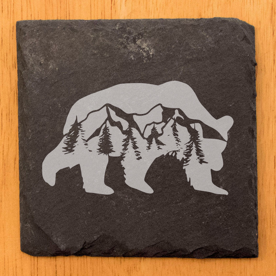 Bear Necessities: Slate Coasters with Majestic Mountain & Tree Scene - Laser Etched Rustic Drink Mats for a Wildly Stylish Home! - Round Slate - set of 4