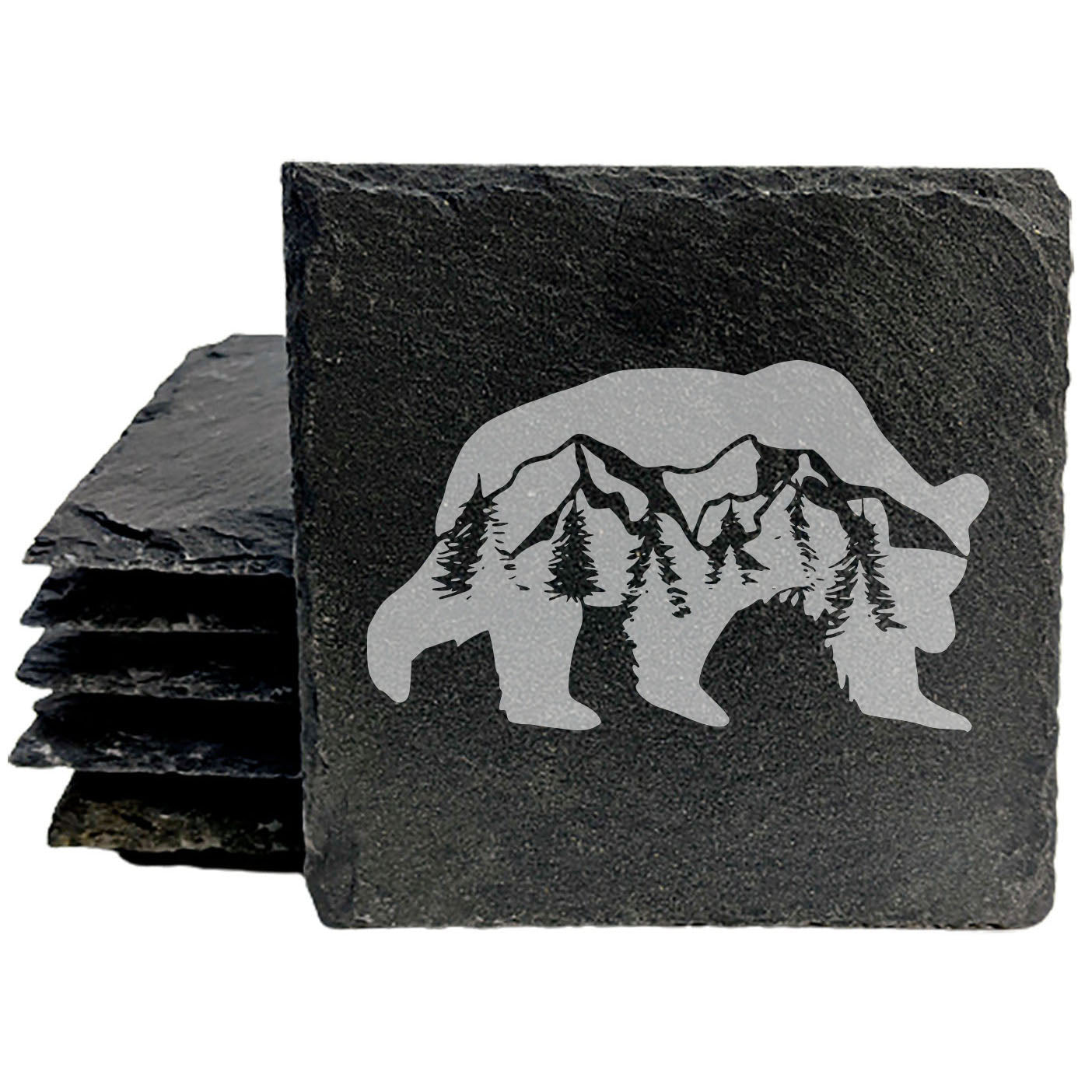 Bear Necessities: Slate Coasters with Majestic Mountain & Tree Scene - Laser Etched Rustic Drink Mats for a Wildly Stylish Home! - Round Slate - set of 4
