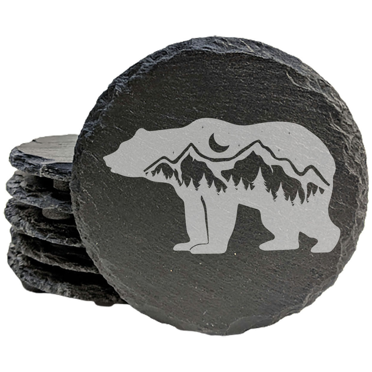 Bear Hug Night: Laser-Etched Slate Coasters, Mountain & Tree Scene, Crescent Moon Design - Set of 4, Unique Home Decor & Wildlife Inspired Gift