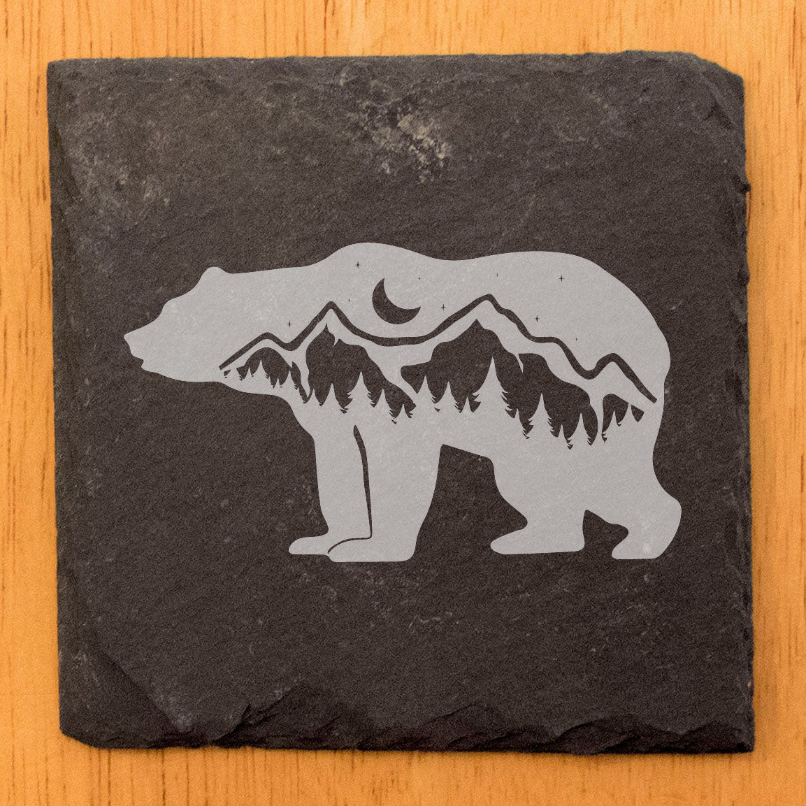 Bear Hug Night: Laser-Etched Slate Coasters, Mountain & Tree Scene, Crescent Moon Design - Set of 4, Unique Home Decor & Wildlife Inspired Gift