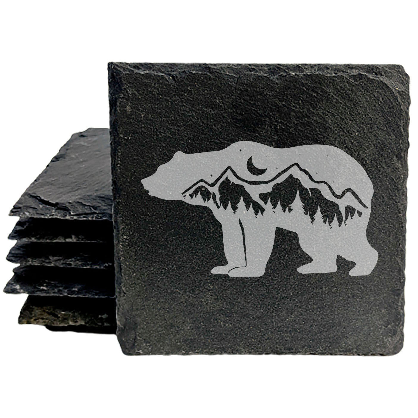 Bear Hug Night: Laser-Etched Slate Coasters, Mountain & Tree Scene, Crescent Moon Design - Set of 4, Unique Home Decor & Wildlife Inspired Gift