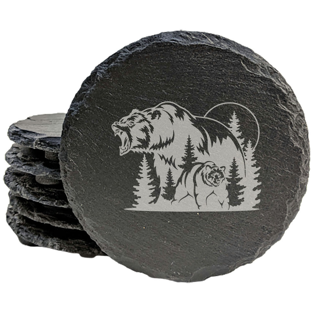 Bear Roar Slate Coasters - Laser Etched Design with Tree Scene and Full Moon - Rustic Home Decor Set