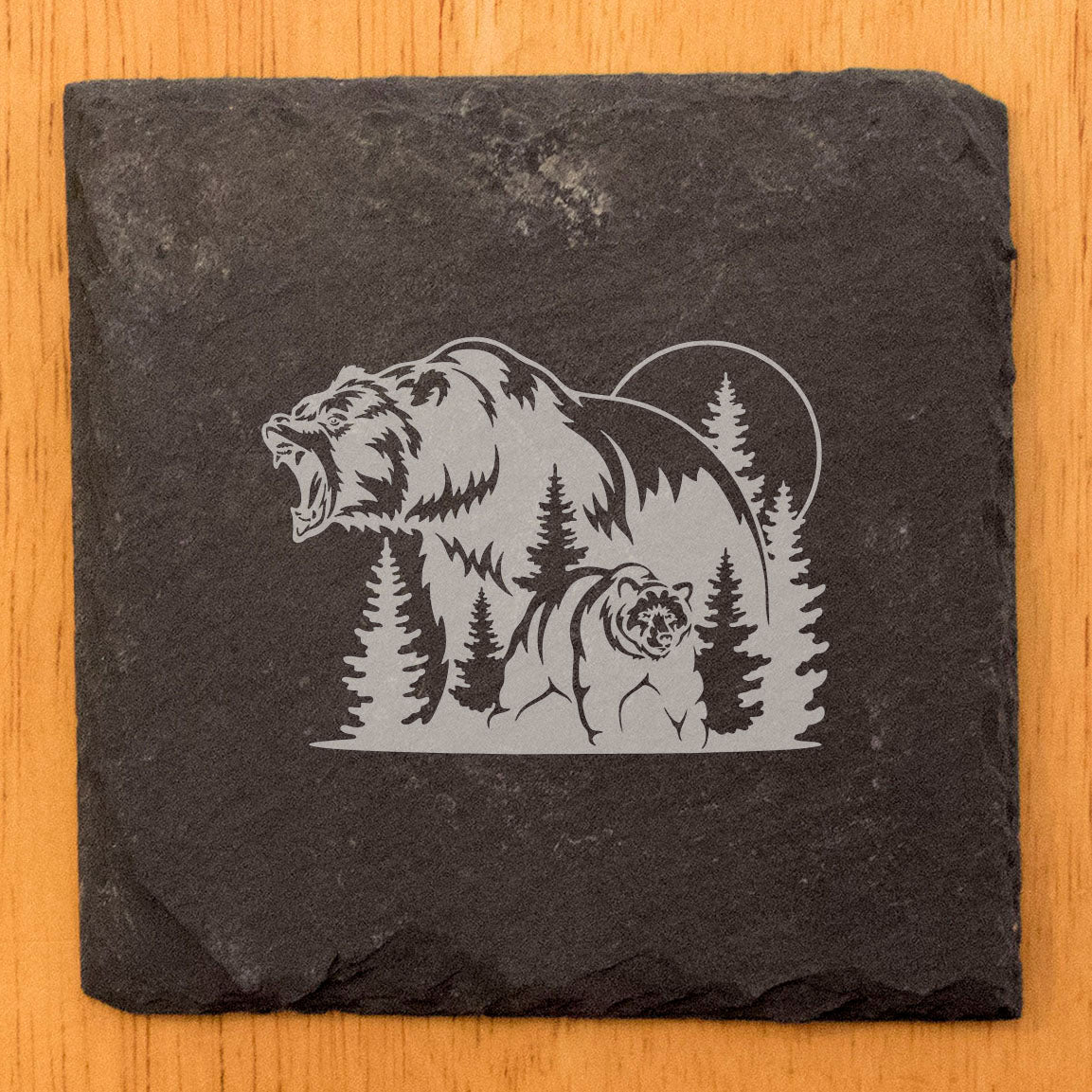 Bear Roar Slate Coasters - Laser Etched Design with Tree Scene and Full Moon - Rustic Home Decor Set