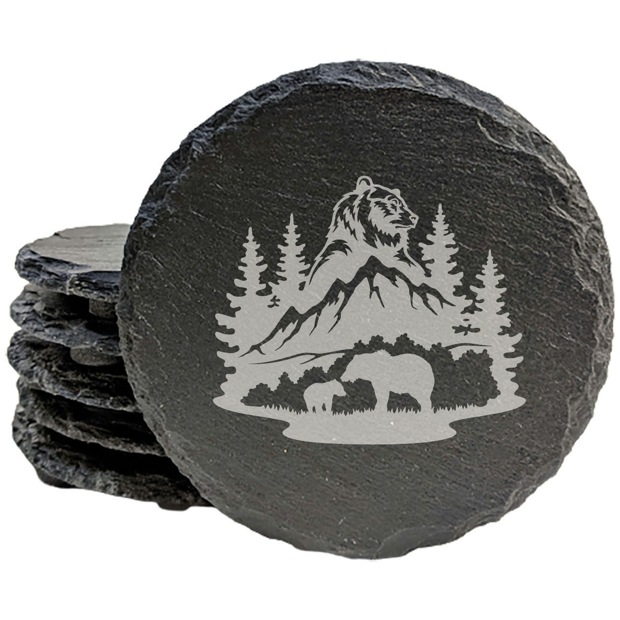 Bear Hug Adventure: Slate Coasters Set, Laser-Etched Male Bear, Mountain & Tree Scene with Mother Bear and Cub - Unique Home Decor Gift