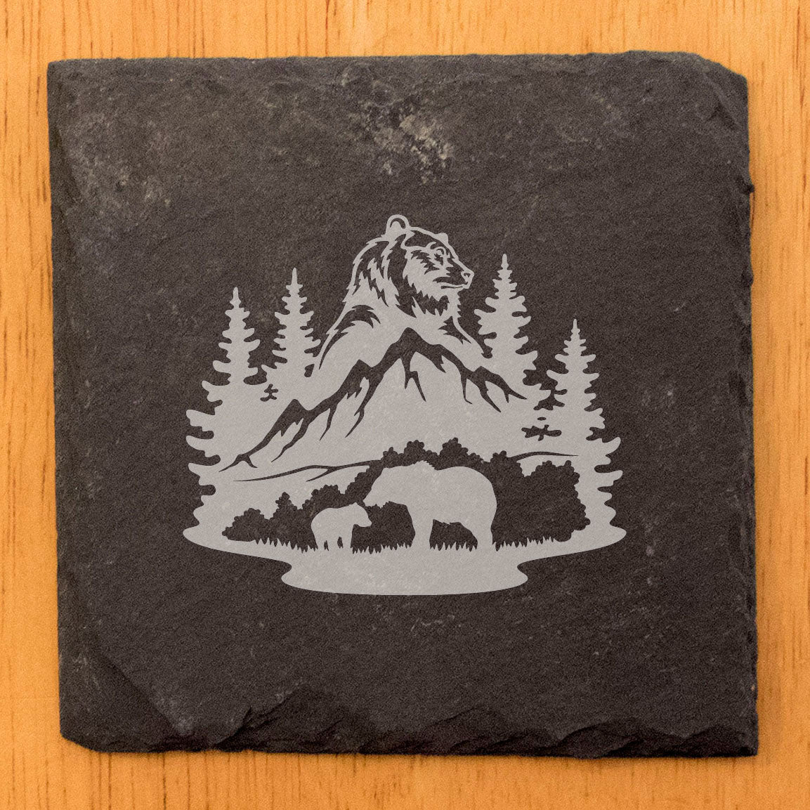 Bear Hug Adventure: Slate Coasters Set, Laser-Etched Male Bear, Mountain & Tree Scene with Mother Bear and Cub - Unique Home Decor Gift