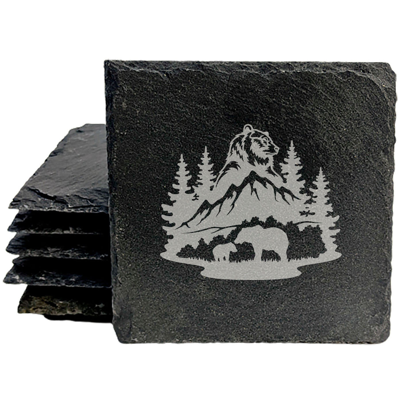 Bear Hug Adventure: Slate Coasters Set, Laser-Etched Male Bear, Mountain & Tree Scene with Mother Bear and Cub - Unique Home Decor Gift