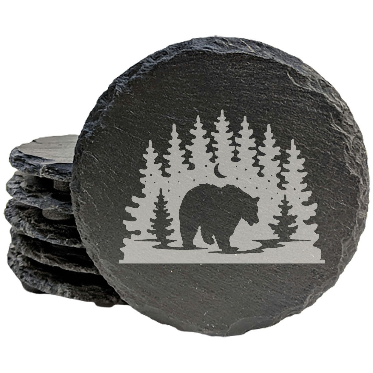 Slate Coasters: Bear Necessities - Laser Etched Tree Scene Design - Rustic Drink Mats for Nature Lovers