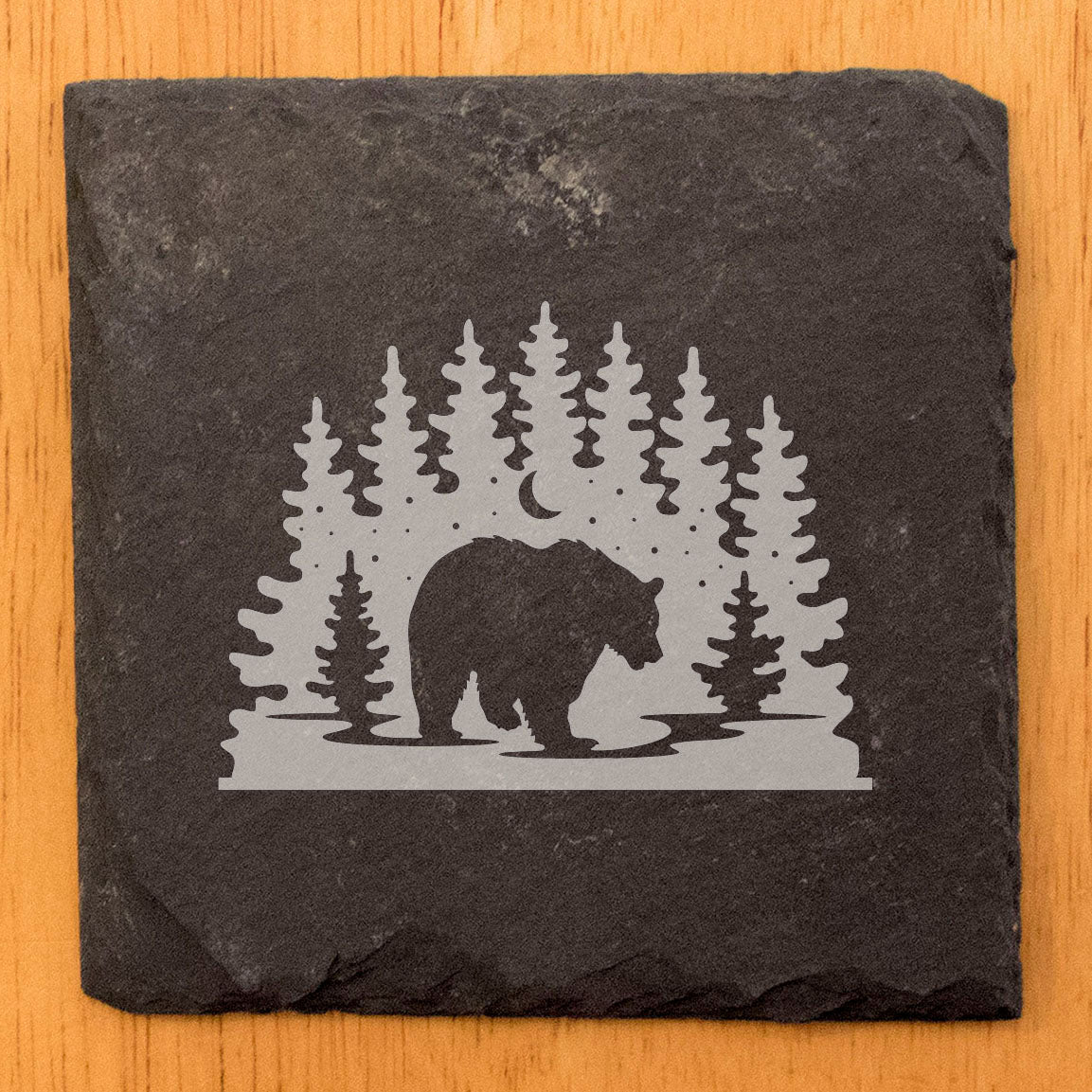 Slate Coasters: Bear Necessities - Laser Etched Tree Scene Design - Rustic Drink Mats for Nature Lovers