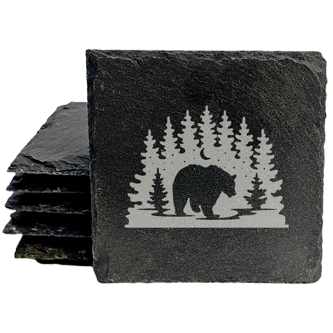 Slate Coasters: Bear Necessities - Laser Etched Tree Scene Design - Rustic Drink Mats for Nature Lovers