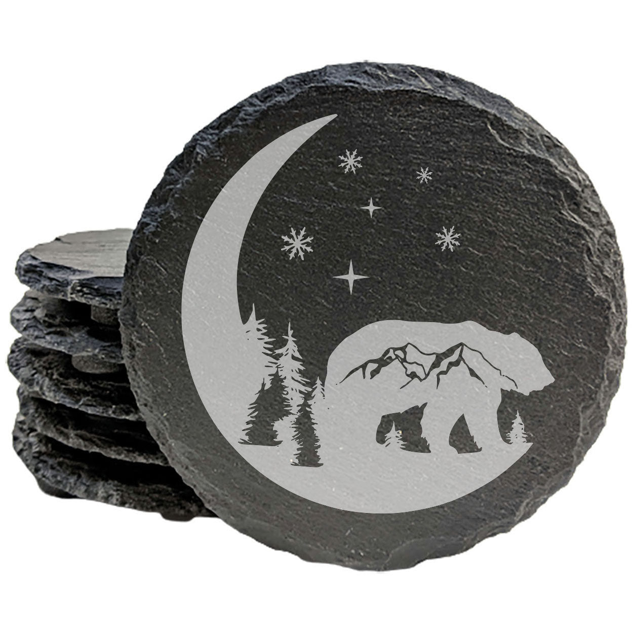 Mystic Moon and Stars Slate Coasters - Laser Etched Bear and Mountain Scene - Unique Home Decor Gift
