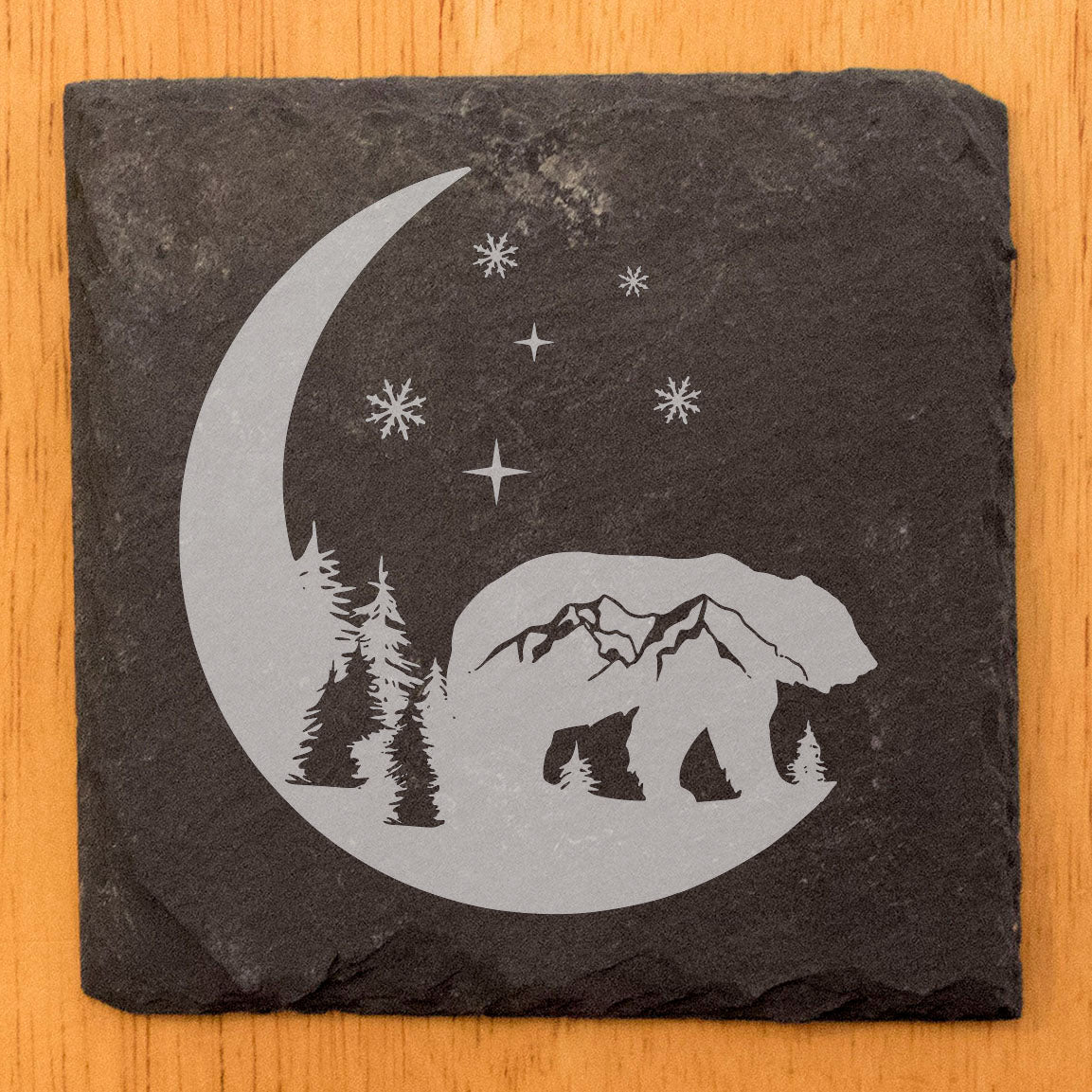 Mystic Moon and Stars Slate Coasters - Laser Etched Bear and Mountain Scene - Unique Home Decor Gift