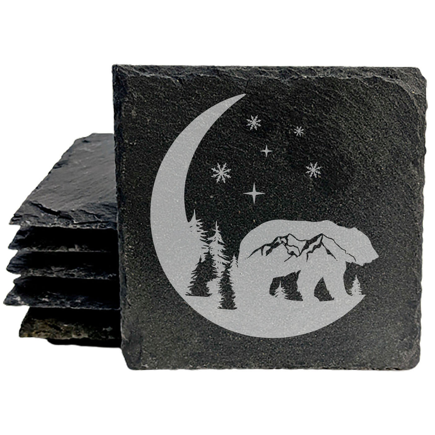Mystic Moon and Stars Slate Coasters - Laser Etched Bear and Mountain Scene - Unique Home Decor Gift