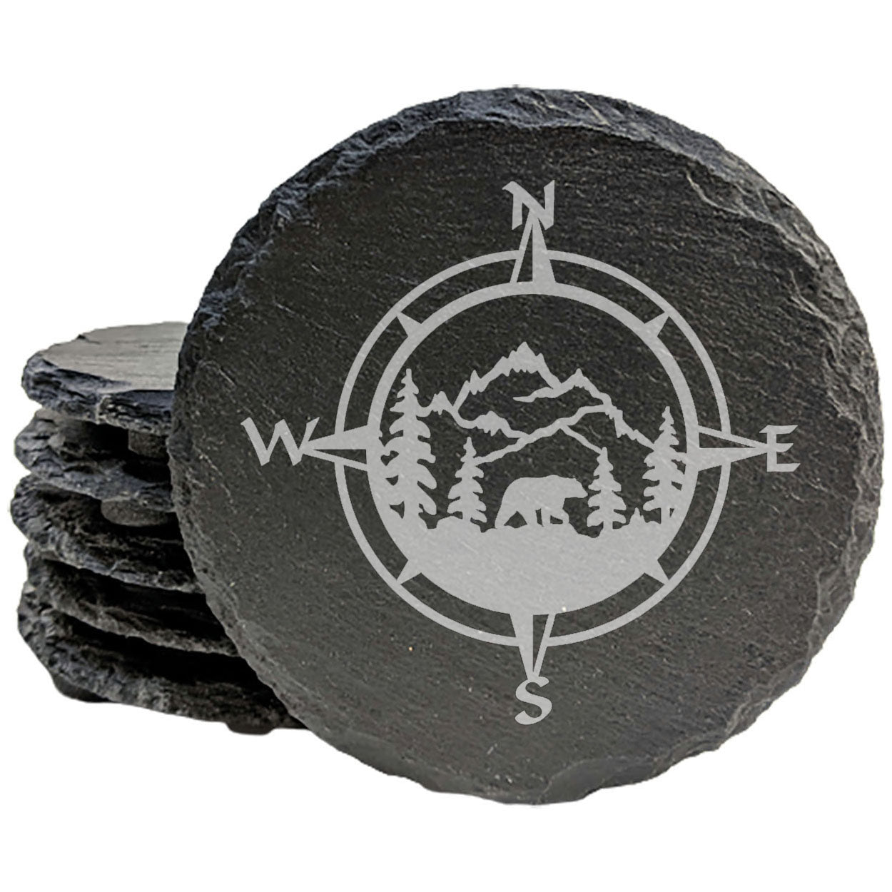 Slate Coasters: Wilderness Wonders - Laser Etched Nature Scene with Mountains, Trees, and Bear in Compass Center - Rustic Home Decor Gift