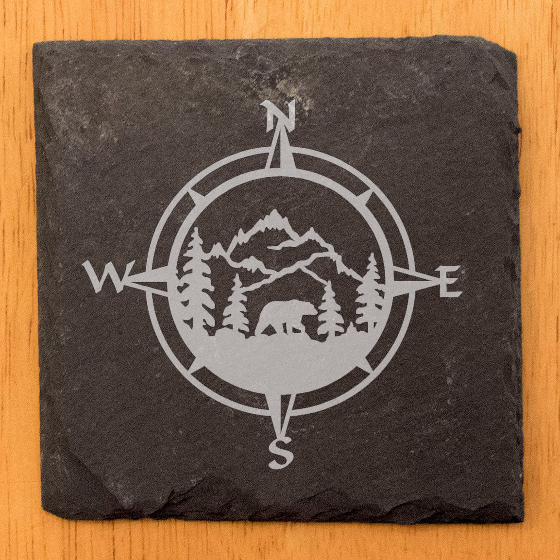 Slate Coasters: Wilderness Wonders - Laser Etched Nature Scene with Mountains, Trees, and Bear in Compass Center - Rustic Home Decor Gift