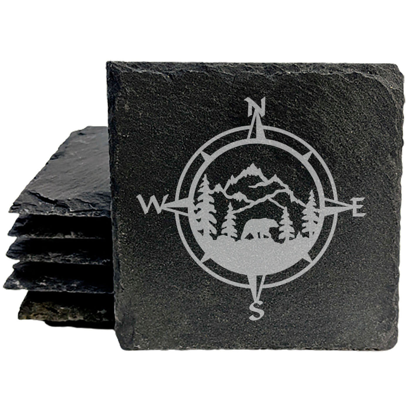 Slate Coasters: Wilderness Wonders - Laser Etched Nature Scene with Mountains, Trees, and Bear in Compass Center - Rustic Home Decor Gift