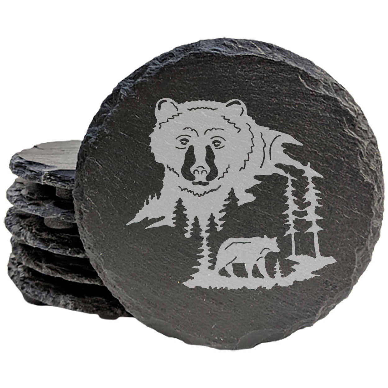 Heavenly Bear Slate Coasters | Laser-Etched Mountain Scene | Anniversary, Wedding, Birthday Gift