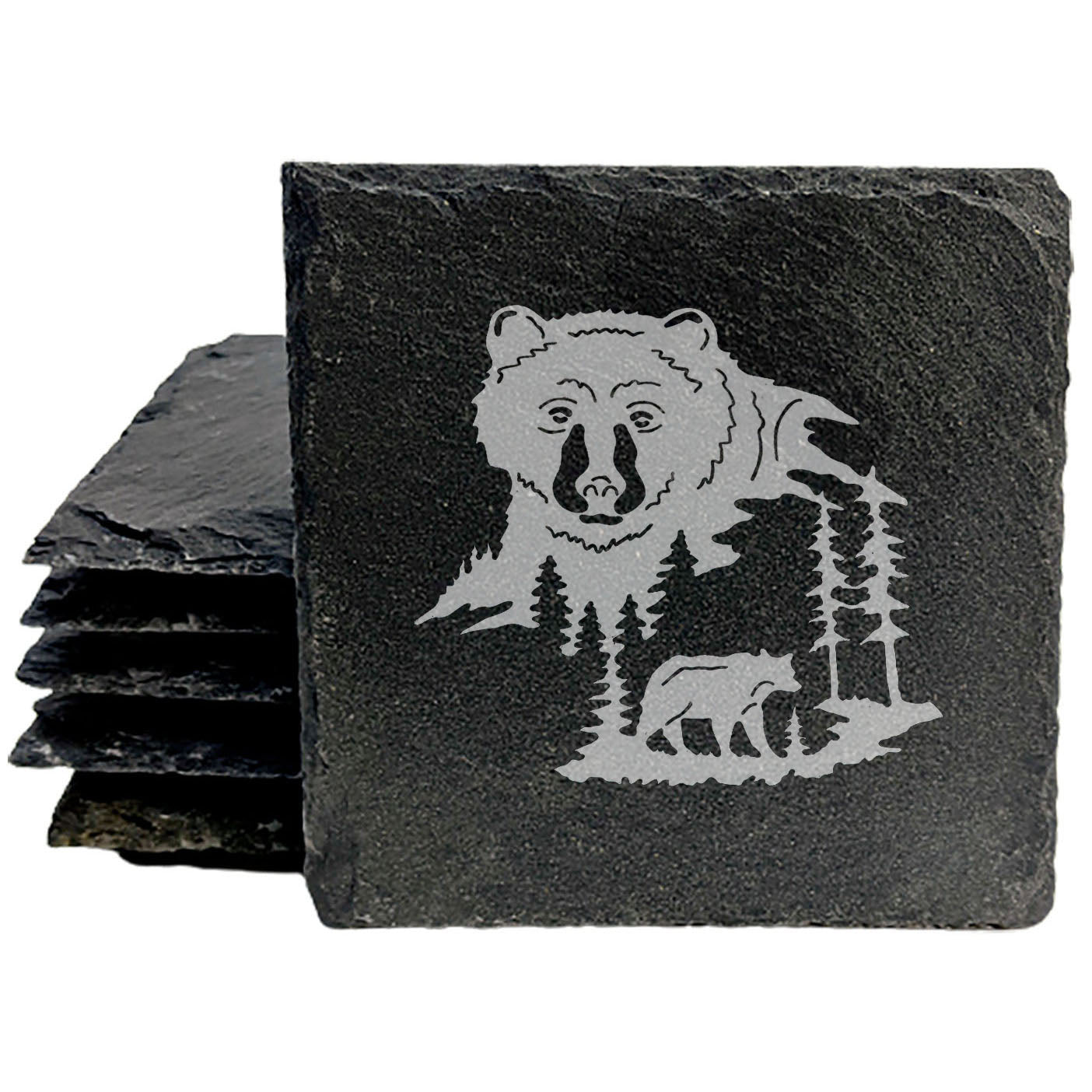 Heavenly Bear Slate Coasters | Laser-Etched Mountain Scene | Anniversary, Wedding, Birthday Gift