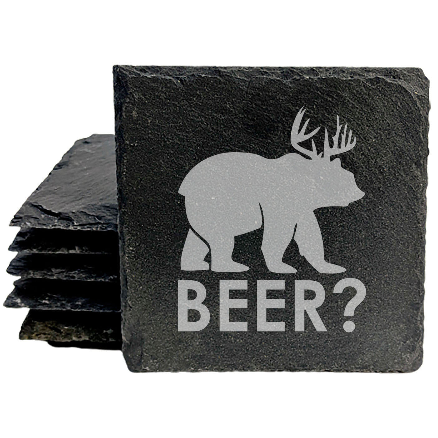Man Cave Must-Have: Hilarious Bear "Beer?" Slate Coasters - The Ultimate Gift for Dad, Groomsmen, or Any Beer-Loving Guy in Your Life!