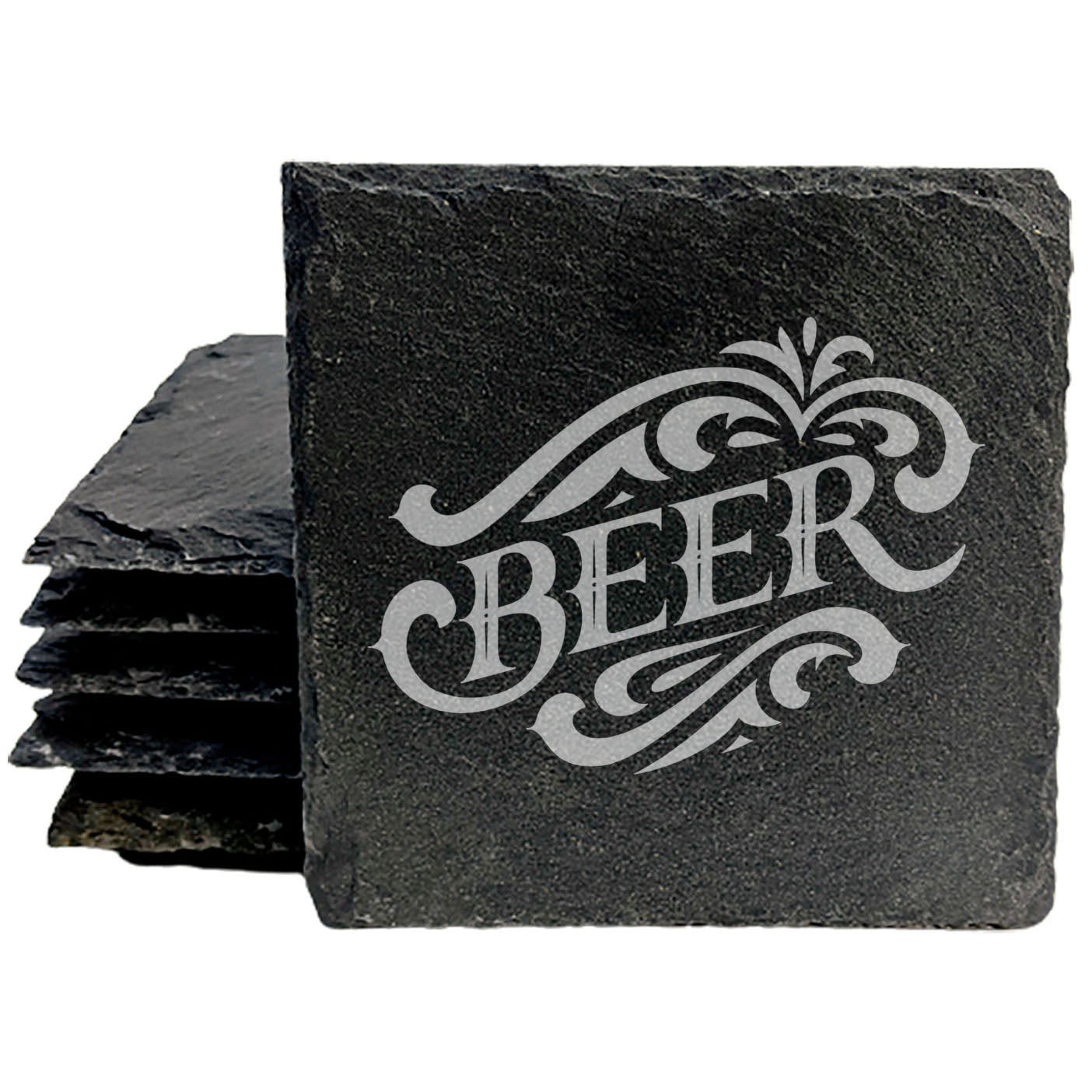 Rustic Slate Coasters: Vintage Laser Etched Beer Logo - Unique Gift for Weddings, Anniversaries, Man Cave