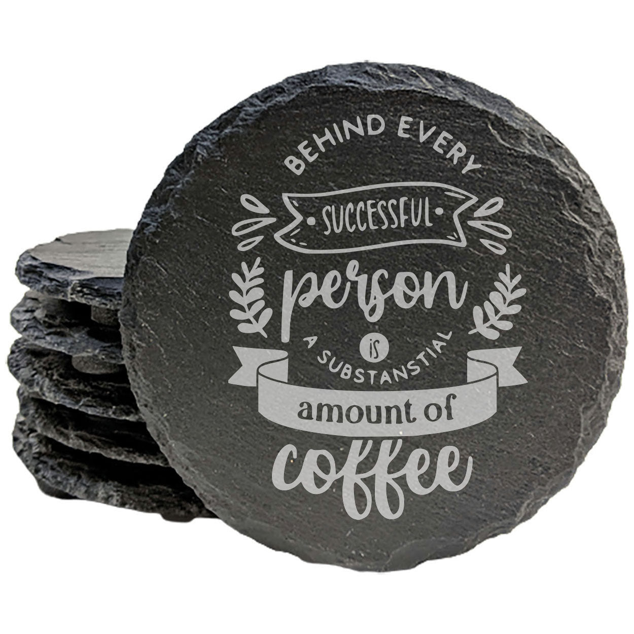 Crafted for Coffee Lovers: Natural Gray Slate Coasters with Laser-Etched "Successful" Coffee Quote