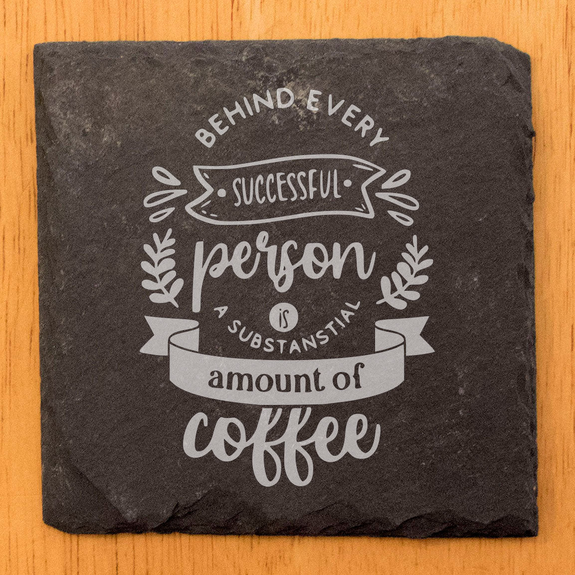 Crafted for Coffee Lovers: Natural Gray Slate Coasters with Laser-Etched "Successful" Coffee Quote