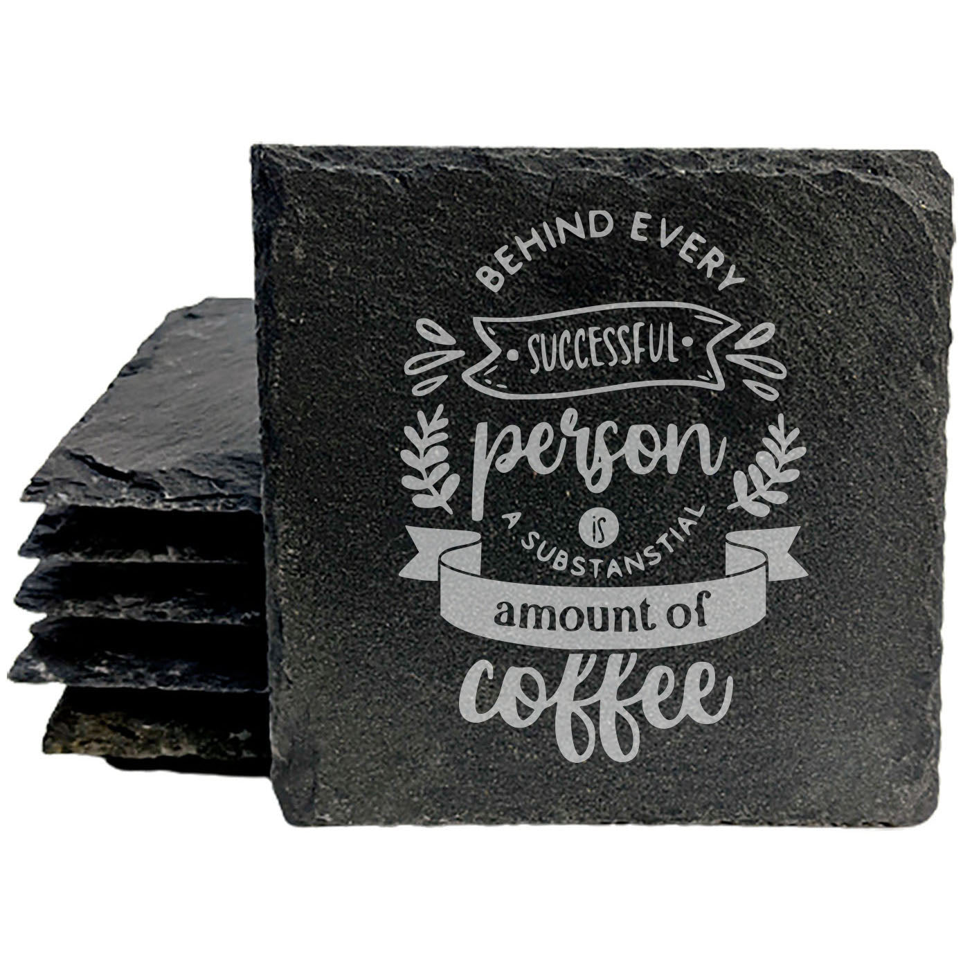 Crafted for Coffee Lovers: Natural Gray Slate Coasters with Laser-Etched "Successful" Coffee Quote