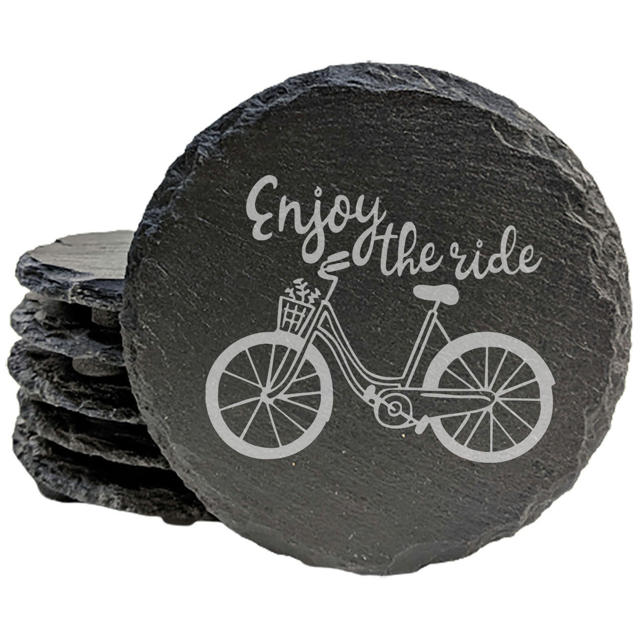 Enjoy the Ride - Crafted for Cyclists: Natural Gray Slate Coasters with Laser-Etched Design