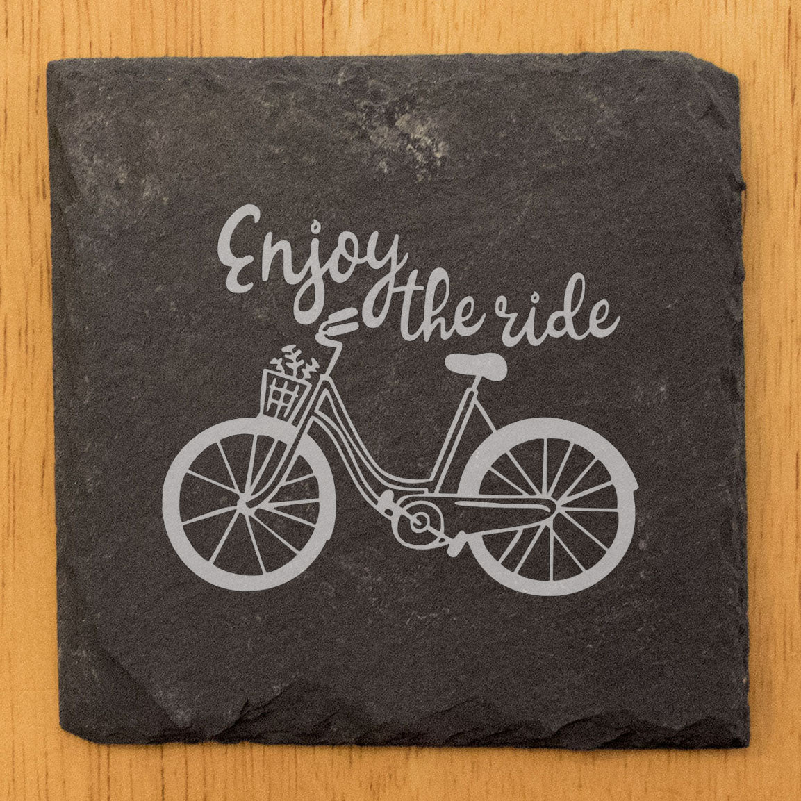 Enjoy the Ride - Crafted for Cyclists: Natural Gray Slate Coasters with Laser-Etched Design