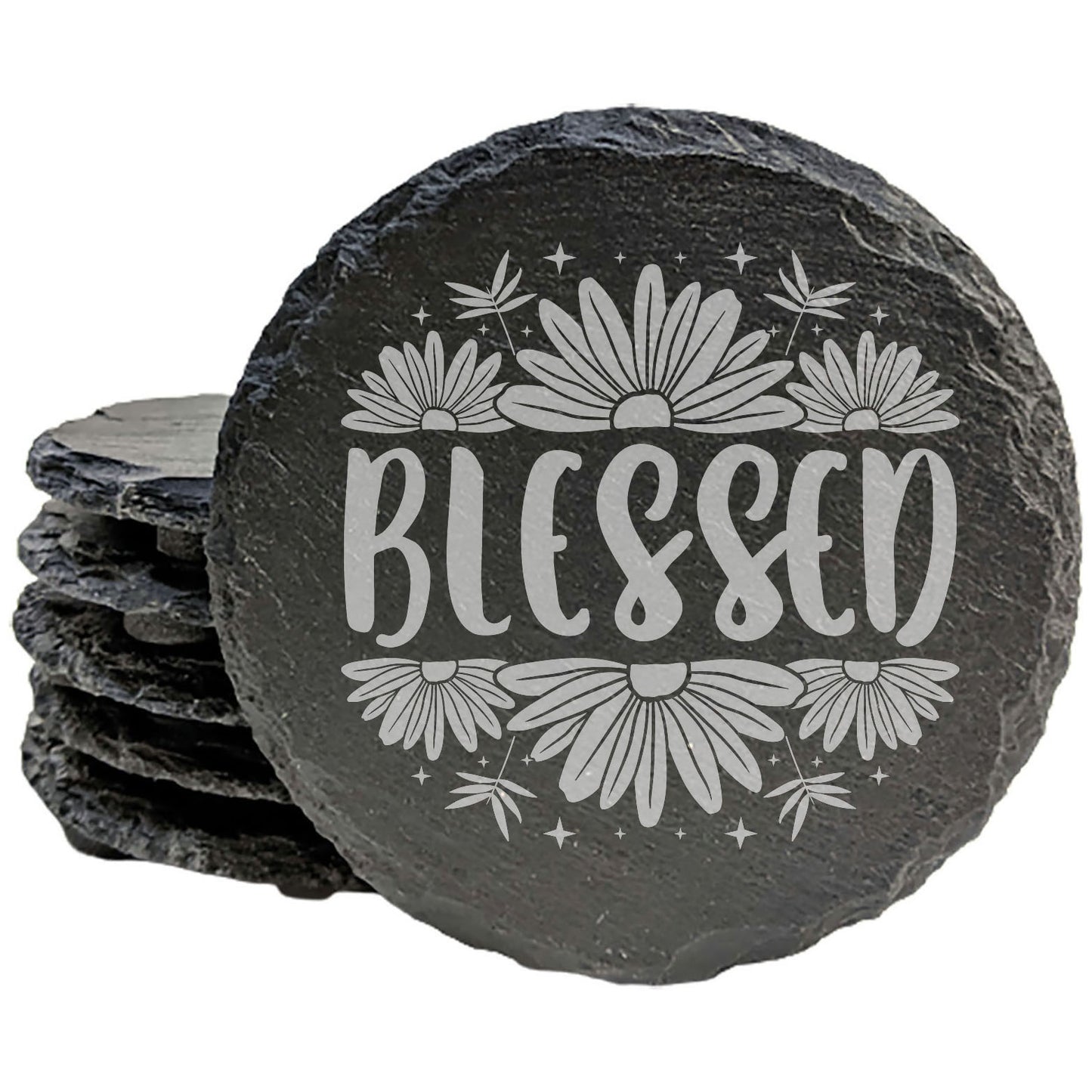 Find Your Happy Place: Floral "Blessed" Laser-Etched Slate Coasters
