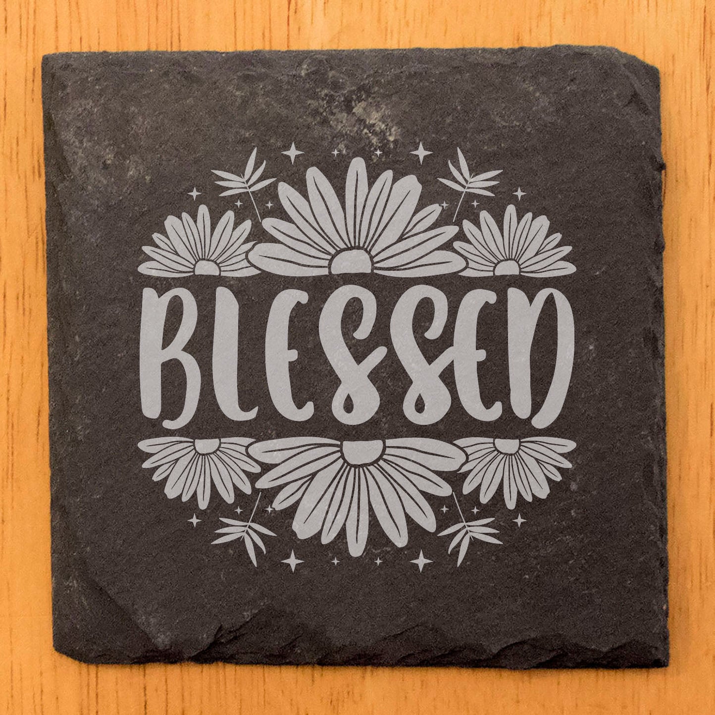 Find Your Happy Place: Floral "Blessed" Laser-Etched Slate Coasters