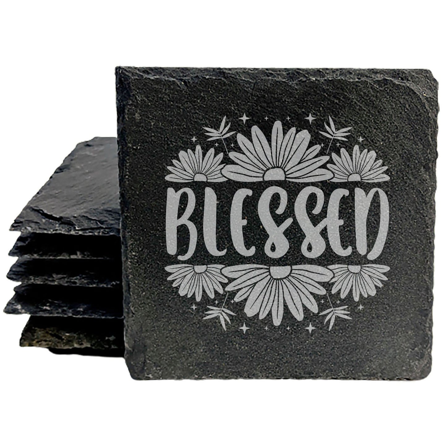 Find Your Happy Place: Floral "Blessed" Laser-Etched Slate Coasters