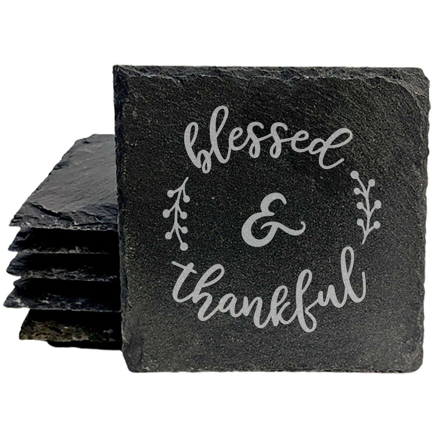 Timeless Sentiment: Slate Coasters with Laser-Etched "Blessed & Thankful" Design