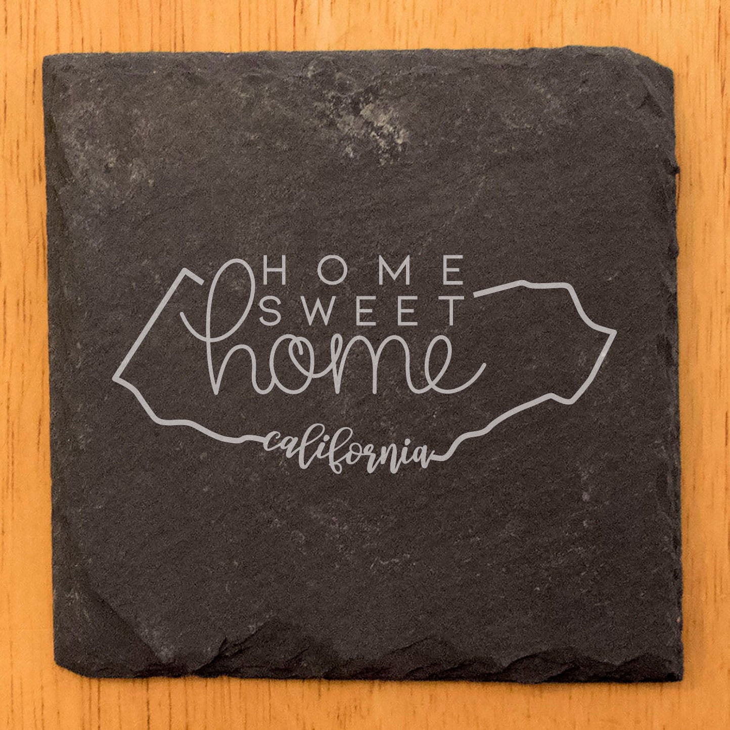 Rustic Slate Coasters Set of 4 - Round 4" with California Design, 'Home Sweet Home' - Perfect Gift for Holidays, Birthdays, Housewarming - Made in Oregon, USA - Natural Chipped Edge, Rubber Feet