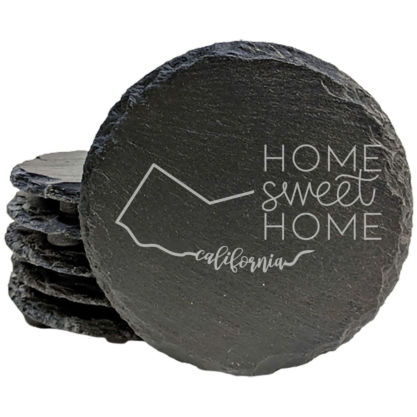 Rustic Slate Coasters Set of 4 - Round 4" with California Design, 'Home Sweet Home' - Perfect Gift for Holidays, Birthdays, Housewarming - Made in Oregon, USA - Natural Chipped Edge, Rubber Feet